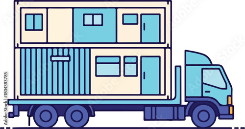 Blue truck delivering modular homes suitable for transportation, real estate, construction, logistics, moving, prefabricated housing, and home delivery services.