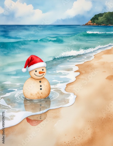 A charming sandy snowman wearing a Santa hat celebrates a tropical Christmas on a sunny beach with turquoise waves