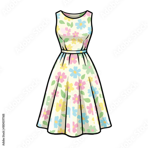Beautiful Floral Summer Dress Sleeveless Girls Fashion Cartoon Vector Illustration Clipart