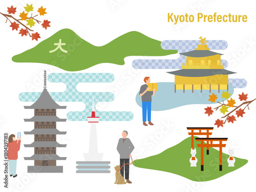 Illustration set of travelers exploring autumn Kyoto with beautiful fall foliage, traditional scenery, and cultural sightseeing moments - 紅葉の京都の風景と旅行者のイメージのイラストセット