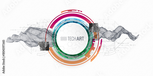 Abstract data background with wireframe wave and circuit lines. Technology concept. Vector