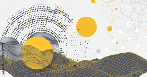 Abstract wireframe background. Modern science or technology art elements. Surface illustration inside circles