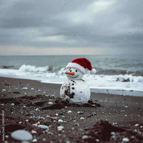 A cheerful sandy snowman, wearing a bright red Santa hat, stands on a dark pebble beach, overlooking ocean waves under a cloudy sky, creating a unique winter holiday scene