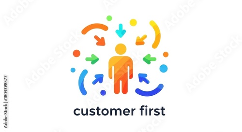 Illustrative emphasis on prioritizing the customer with dynamic visual elements and customer first