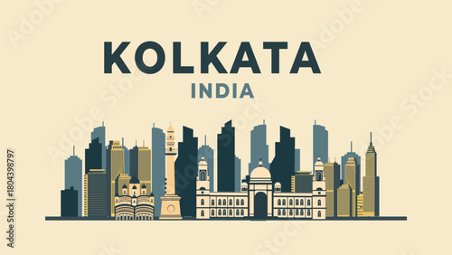 Kolkata city India travel background flat illustration