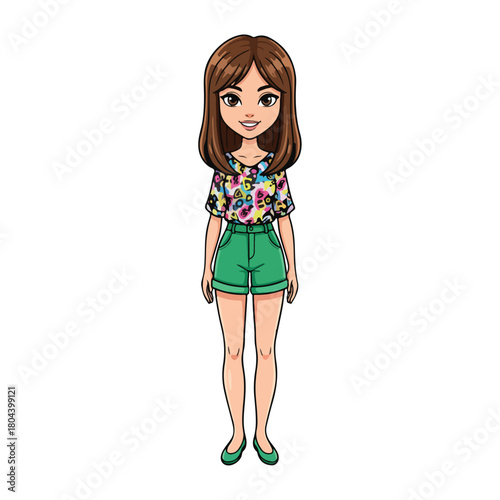 Cute Girl in Tropical Floral Shirt and Green Shorts Summer Fashion Cartoon Vector Illustration