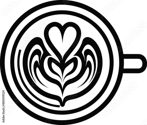 Latte art vector coffee cup top view heart design cafe drink beverage eps silhouette