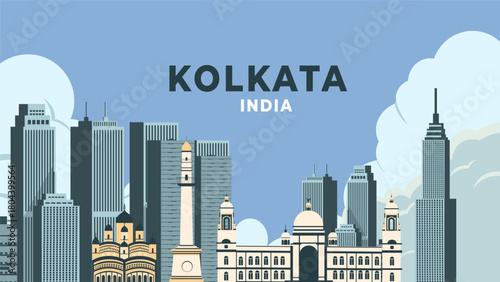 Kolkata city India travel background flat illustration