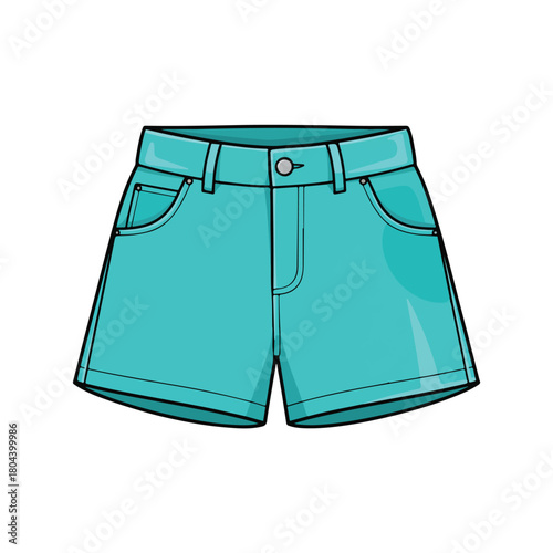 Teal High-Waisted Denim Shorts Girls Summer Fashion Cartoon Vector Illustration Clipart