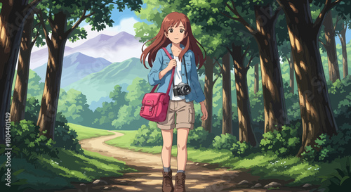Anime Style Young Female Hiker Exploring Lush Forest Trail