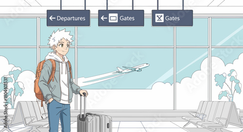 Anime Traveler At Modern Airport With Plane Taking Off