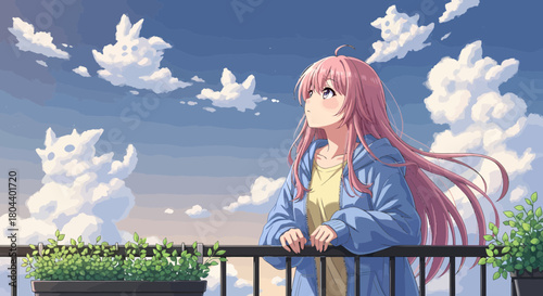 Dreamy Anime Girl Gazing at Whimsical Clouds on the Balcony