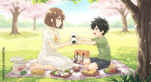 Enjoying Spring Picnic With Homemade Snacks Under Blooming Cherry Trees