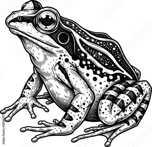 Detailed black and white frog illustration amphibian wildlife drawing eps silhouette