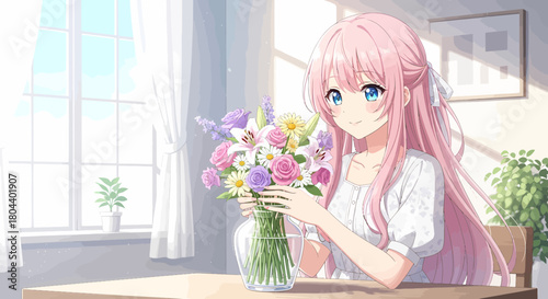 Pink Haired Girl Arranging Flowers In Glass Vase Indoor Setting