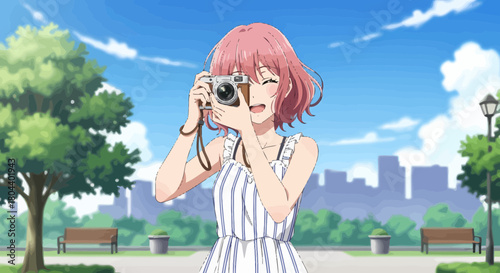 Smiling Girl Capturing Memories With Camera In A Sunny Day