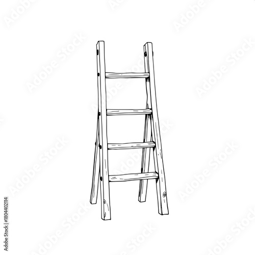 A stark, detail-driven line drawing of a wooden foldable ladder in an open position, centered in frame, outlined in bold black ink with precise geometric lines and no shading or textures, featuring ru