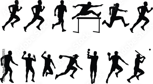 Silhouette athletes in dynamic sports poses including running, jumping, throwing, and team games for 