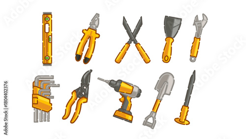 A collection of various construction and gardening hand tools with yellow handles, including a level, pliers, snips, drill, and spade, presented on a white background