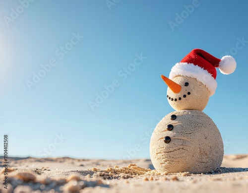 Celebrate the unexpected with a charming sandy snowman gracing a sun-drenched beach, bringing warm holiday cheer to a delightful coastal escape
