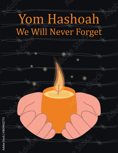 Human hands hold a burning candle in memory of the victims of the Holocaust