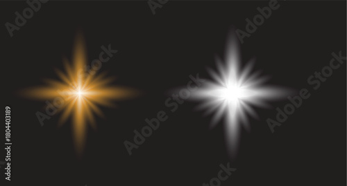 Two glowing starburst light effects one golden orange and one bright white on a dark background