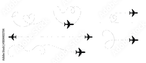 Airplane route vector set with dotted flight paths including curved, twisted, straight, and heart-shaped dashed lines — perfect for travel graphics, maps, dashboards, and aviation-themed designs.