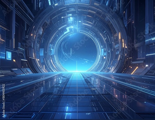 Futuristic hallway perspective with glowing portal, emitting bright blue light, reflections below