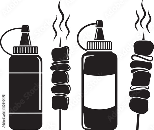 Barbecue sauce bottles and meat skewers silhouette