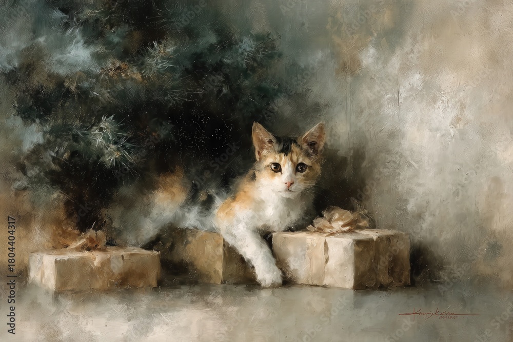 Obraz premium oil painting of a cat under the christmas tree