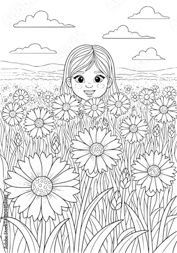 A girl peeks out of the flowers on the lawn. coloring book