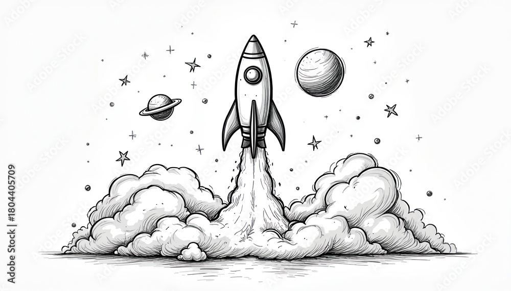 Fototapeta premium Black and white illustration of a rocket taking off into space with smoke clouds. Rocket is surrounded by stars and planets in the cosmos. Simple line art design.