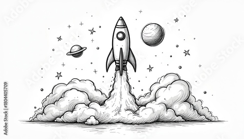 Fototapeta Naklejka Na Ścianę i Meble -  Black and white illustration of a rocket taking off into space with smoke clouds. Rocket is surrounded by stars and planets in the cosmos. Simple line art design.