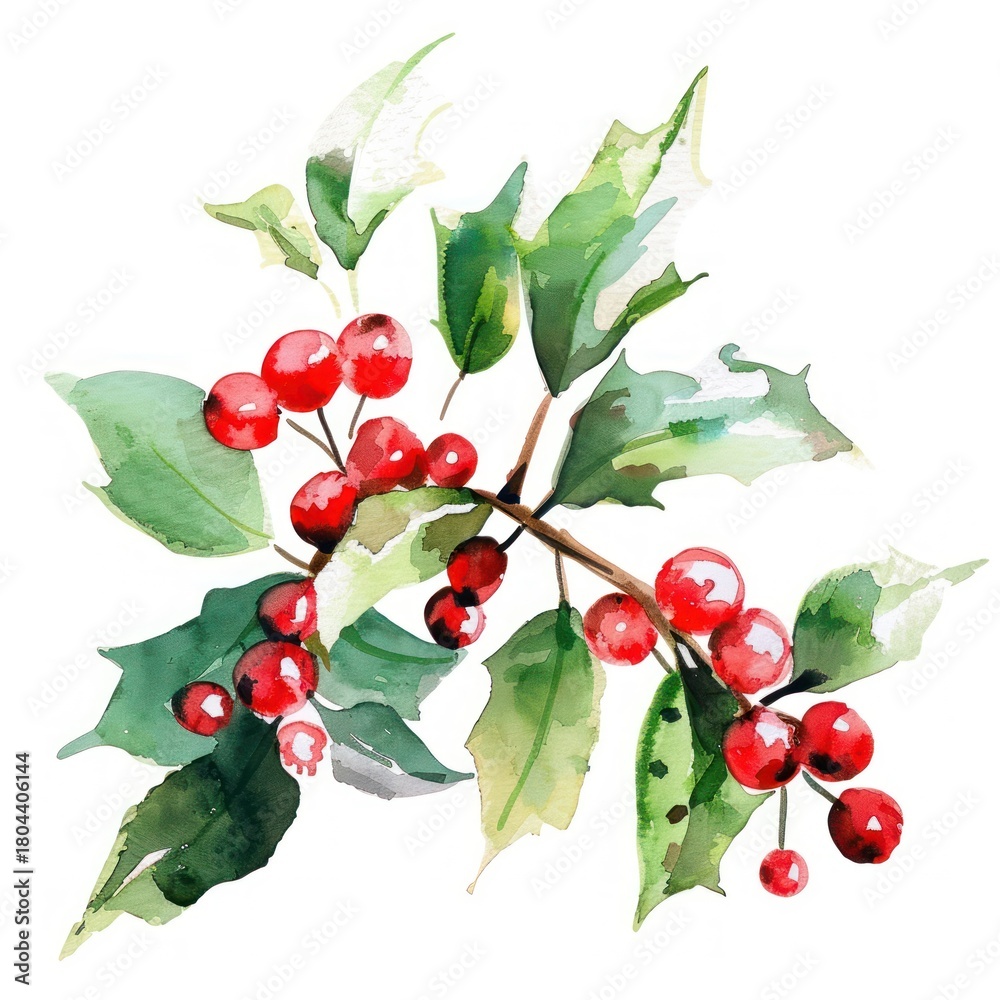 Fototapeta premium Vibrant watercolor holly branch illustration