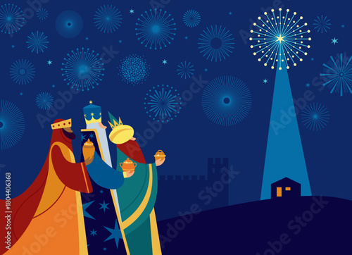 Three Wise Men bringing gifts to Jesus. Los Reyes Magos.