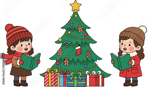 Cute cartoon girls singing Christmas carols standing by decorated tree with gift boxes, happy winter holiday vector illustration