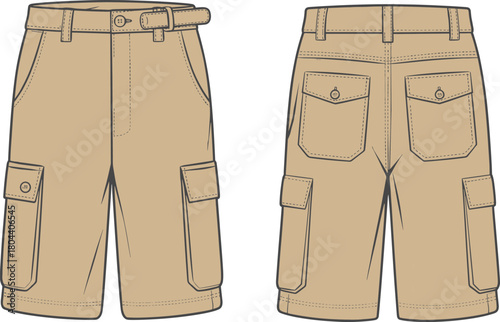 Men beige cargo shorts technical sketch, khaki bermuda pants with flap pockets, front back view, fashion cad drawing flat vector illustration.