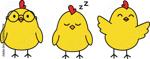 Cute cartoon yellow chicken characters set, funny chick wearing glasses, sleeping and waving, happy farm animal vector illustration