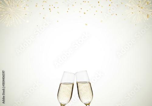 champagne glasses on a festive background. Holiday Background with Sparkling Champagne Flutes. Champagne Glasses Toast with Fireworks and Confetti. 