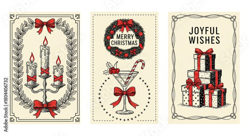 Set of vintage Christmas vector illustrations with festive decorations. Merry Christmas and joyful wishes greeting cards collection. Set of Christmas card.