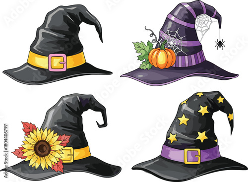 Halloween witch hats set, magic wizard caps collection, spooky spider pumpkin decor, autumn sunflower leaves, vector costume accessories illustration