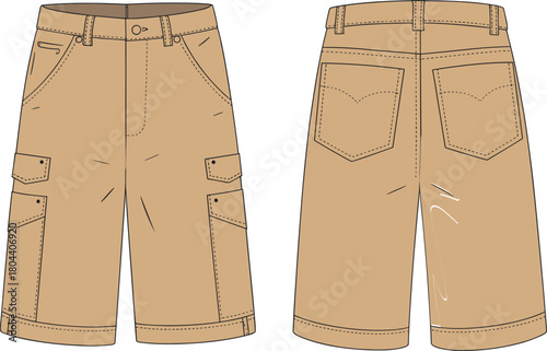 Men cargo shorts technical sketch, beige khaki pants with side pockets, front and back view, fashion cad drawing flat vector illustration.