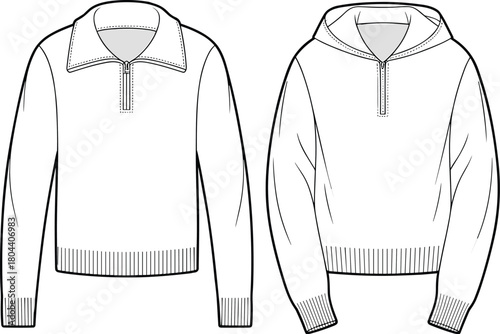 Quarter zip sweater and hoodie technical sketch, collared pullover jumper set, fashion cad drawing flat vector illustration template, front view.