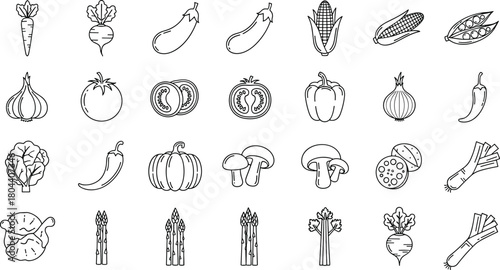 Vegetable line icons set, healthy food outline symbols, organic farm produce, vegetarian cooking ingredients, fresh garden harvest vector collection