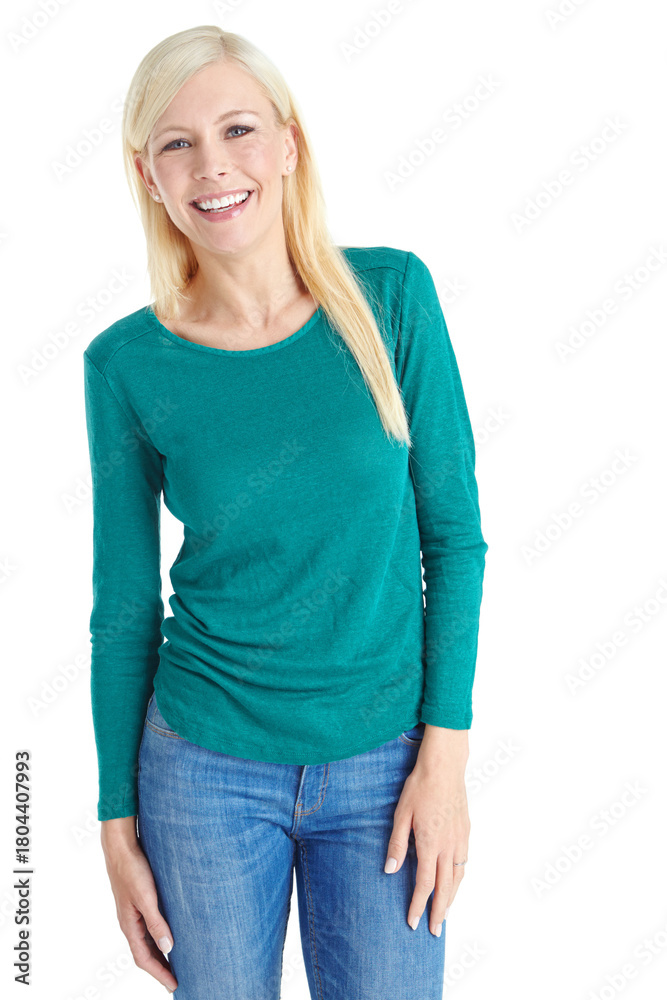 Fototapeta premium Portrait, woman and smile in studio with positive attitude for free time, wellness and weekend break. Space, happy female person and relax on white background with optimism, confidence and good mood.