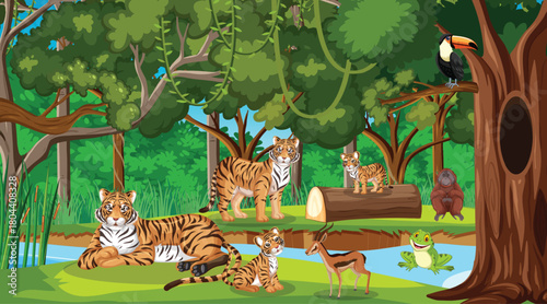 animals in the jungle
Forest or rainforest scene with tiger family
