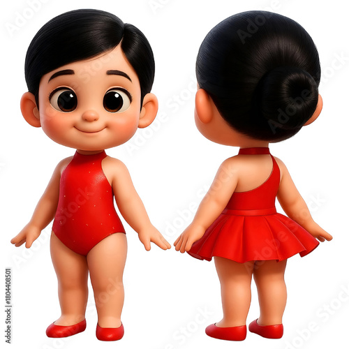 Ballerina Girl With Black Hair In Bun, Wearing Red Dress And Shoes And Front And Back View
