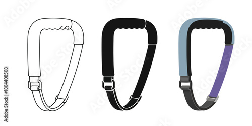 Climbing harness Vector Set in Three Styles — Line Art, Silhouette and Color Version with buckle and straps for outdoor sports and safety equipment