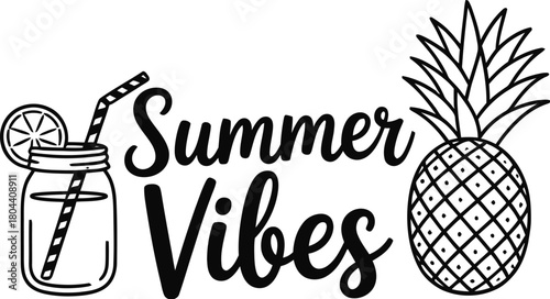 "Summer Vibes" Tropical Quote Typography with Partial Pineapple Silhouette Vector Illustration
