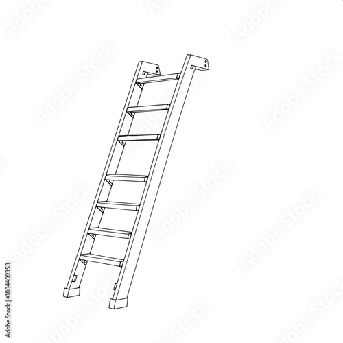 Monochrome engineering sketch of a symmetric A-frame stepladder with a sturdy base and evenly spaced rungs, rendered in precise uniform bold strokes, every rail and rung defined with clean lines and m